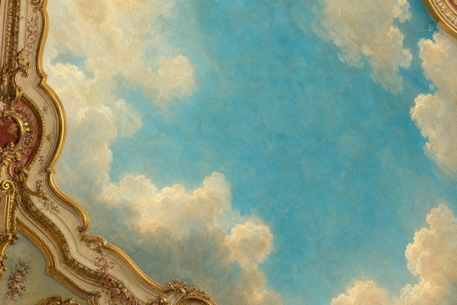 Painted rococo ceiling of clouds and blue sky with a gilded cornice