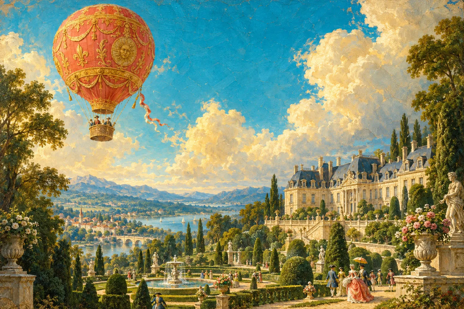 Oil painting of a château above terraced gardens with a balloon overhead