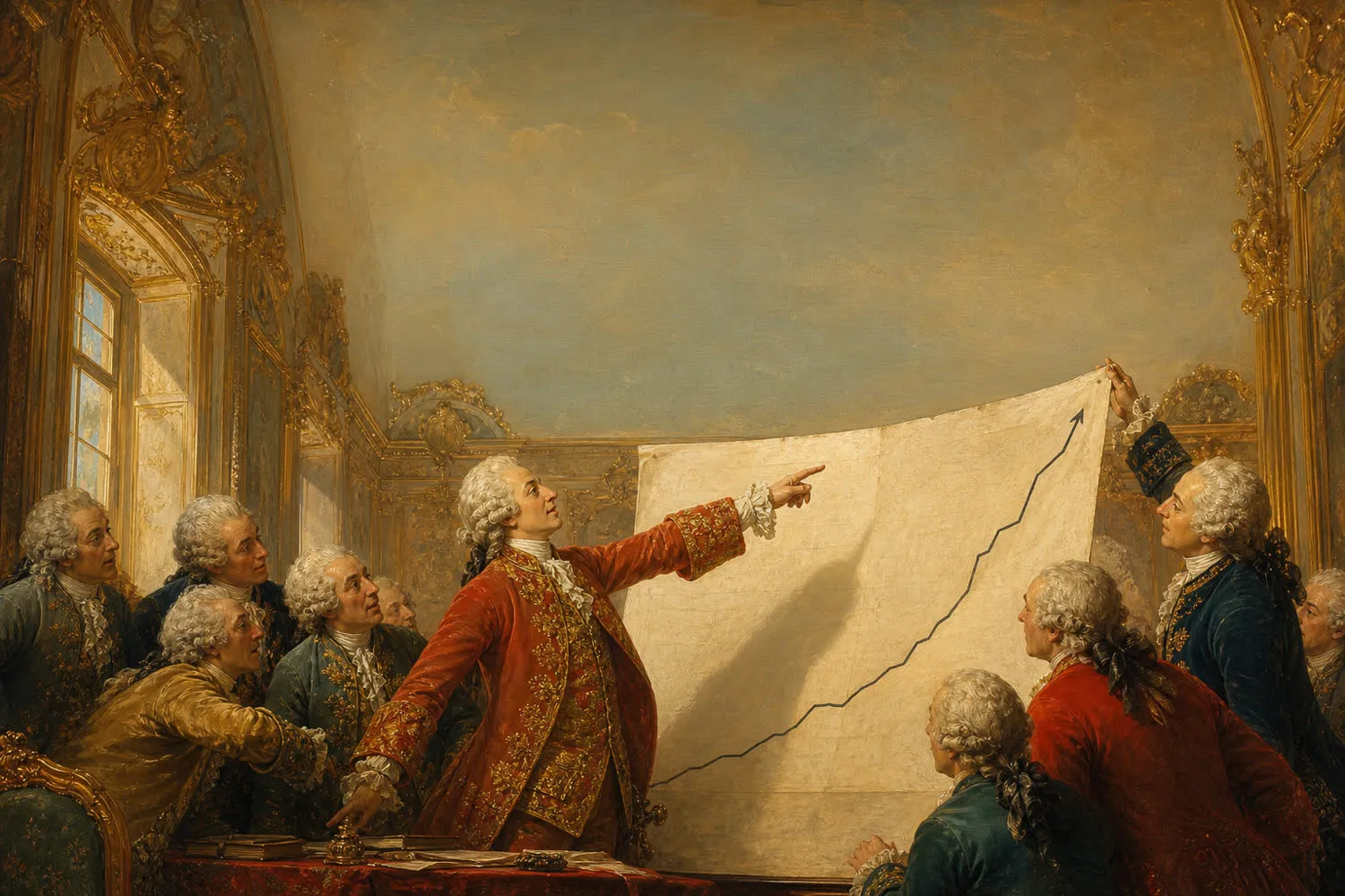 Oil painting of courtiers gathered around a large chart, one pointing at its rising line
