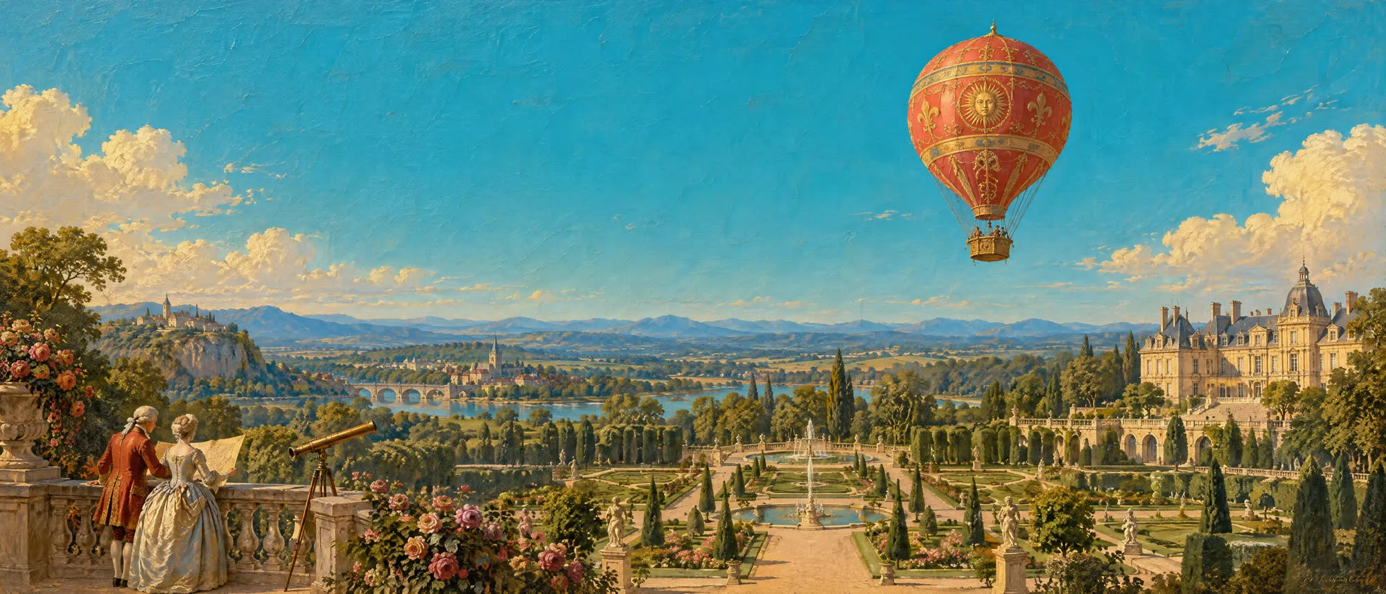 Panoramic oil painting of a sunlit château, formal gardens and a terracotta balloon over a river valley