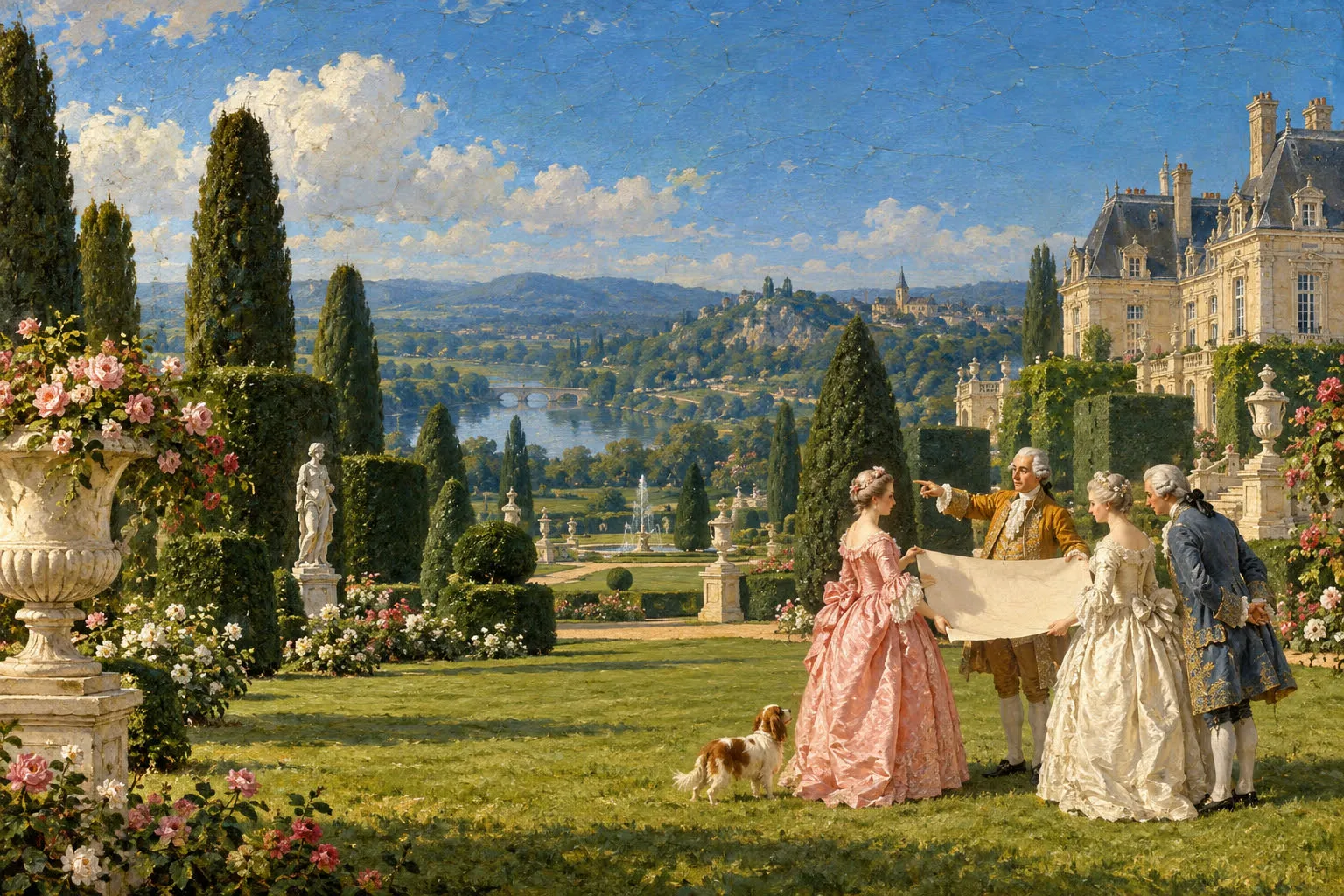 Oil painting of figures in period dress examining an unrolled parchment on a sunlit château lawn